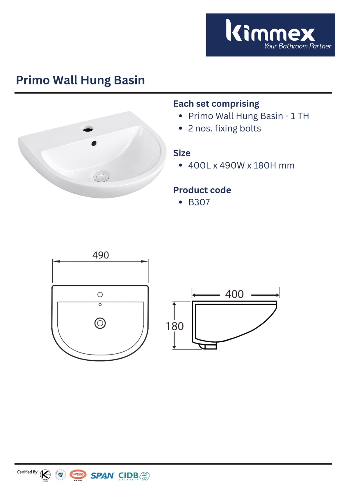 kimmex Primo Wall Hung Basin Set (B307)