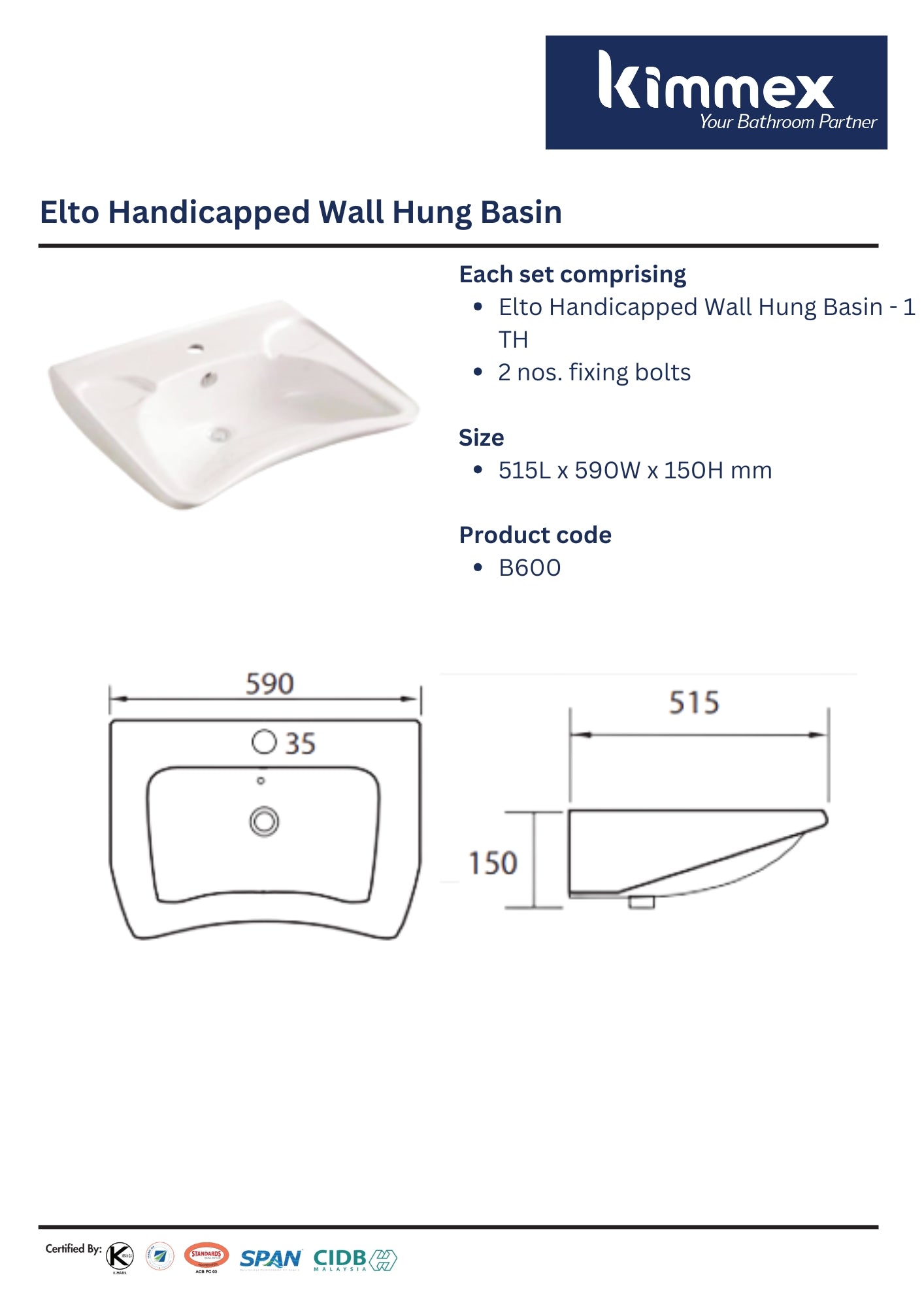kimmex Elto Handicapped Wall Hung Basin Set (B600)