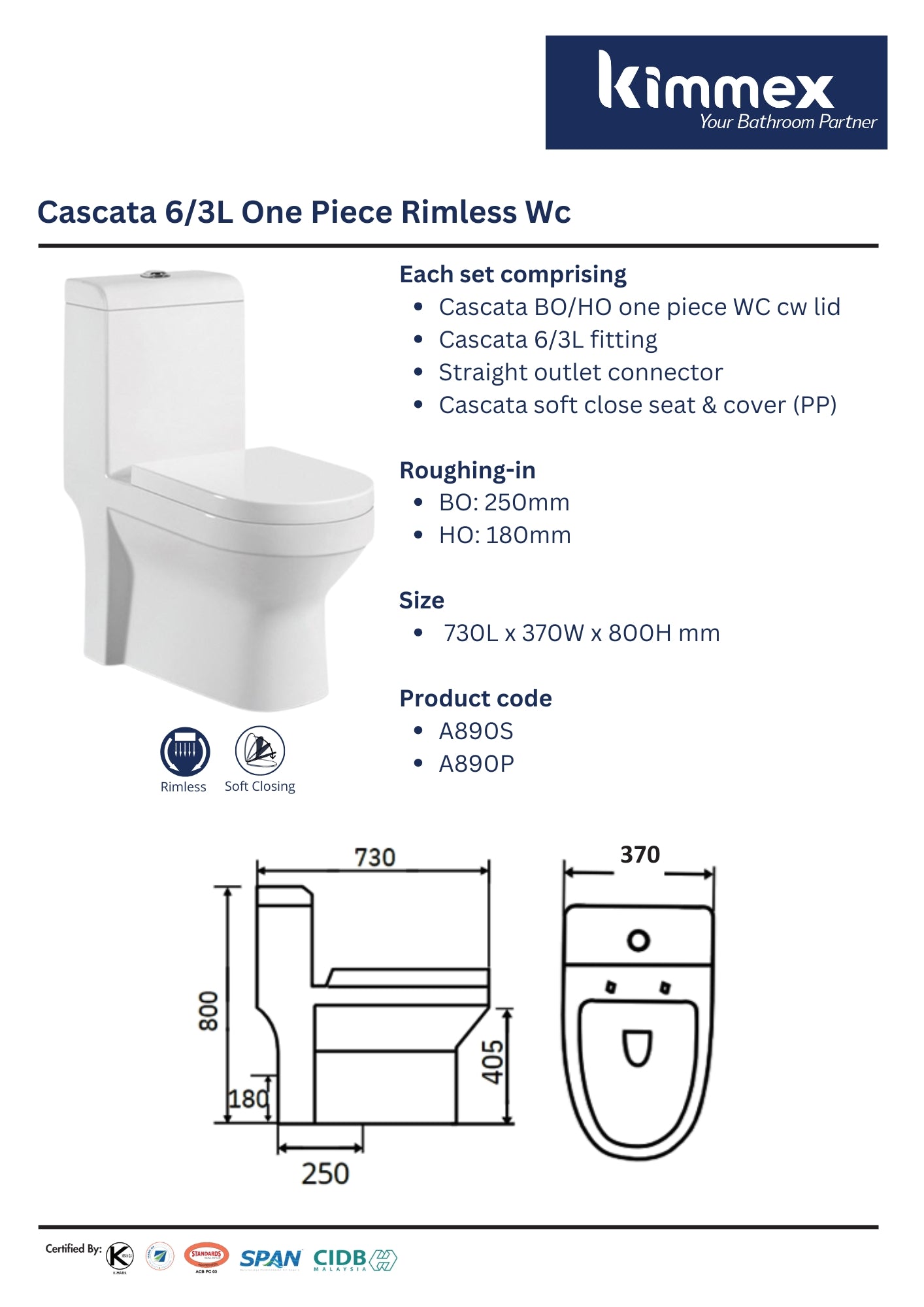 kimmex Cascata 6/3L Rimless One Piece Wc Set Cw Pp Soft Close Seat & Cover