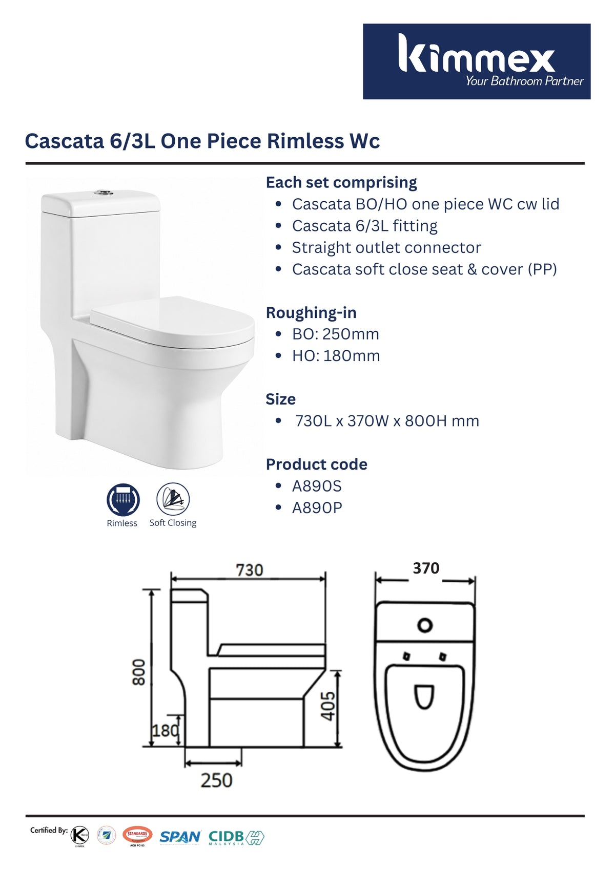 kimmex Cascata 6/3L Rimless One Piece Wc Set Cw Pp Soft Close Seat & Cover