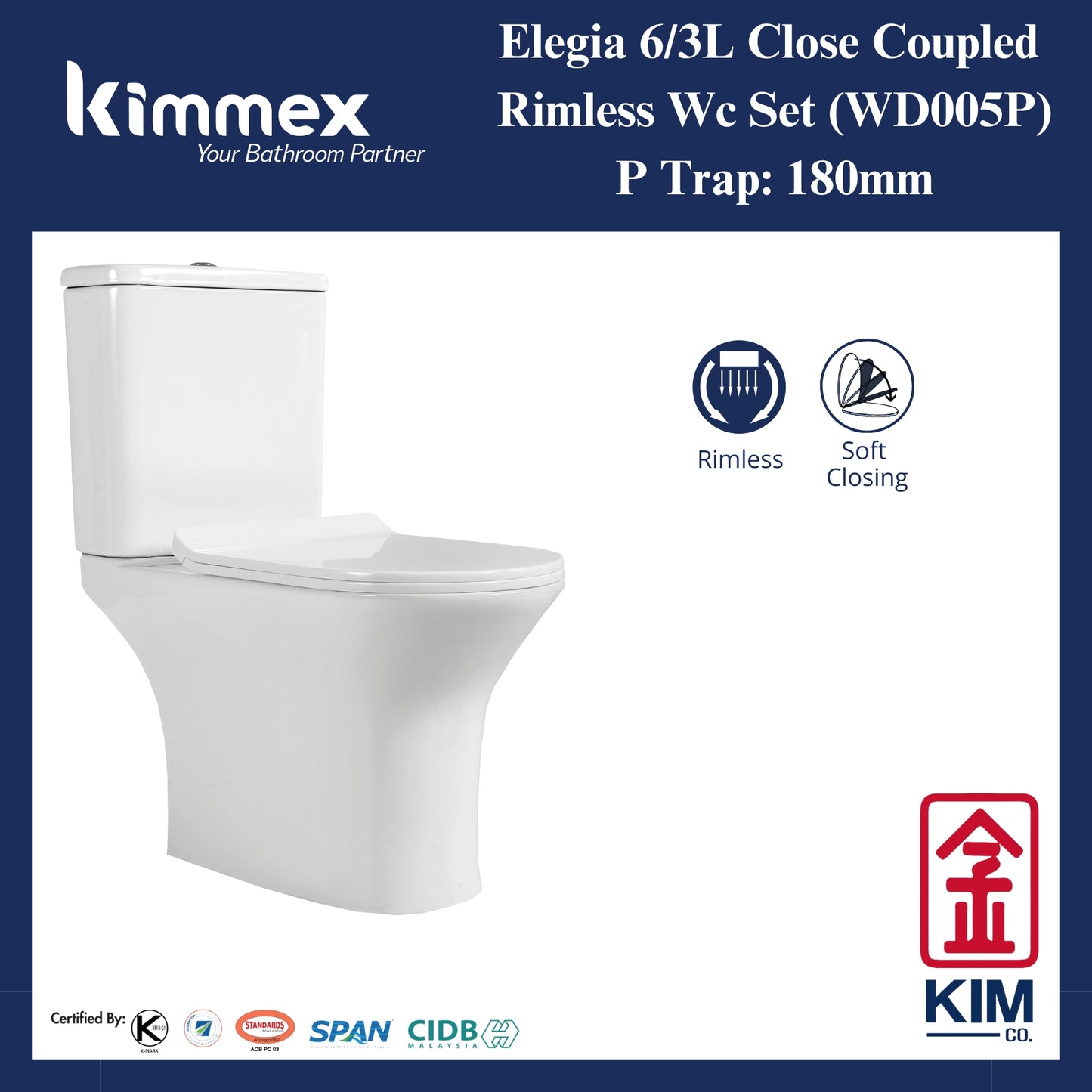 kimmex Elegia 6/3L Rimless Wc Set Cw Pp Soft Close Seat & Cover