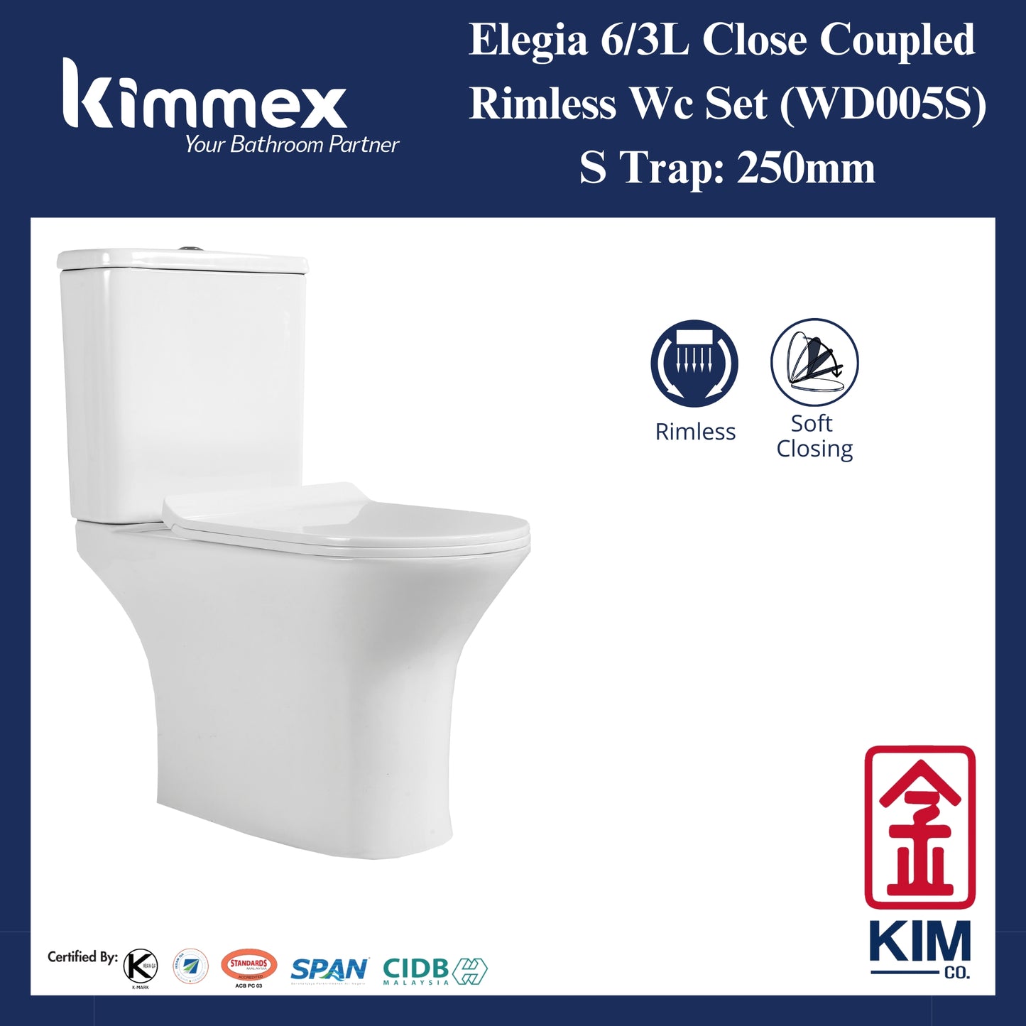 kimmex Elegia 6/3L Rimless Wc Set Cw Pp Soft Close Seat & Cover