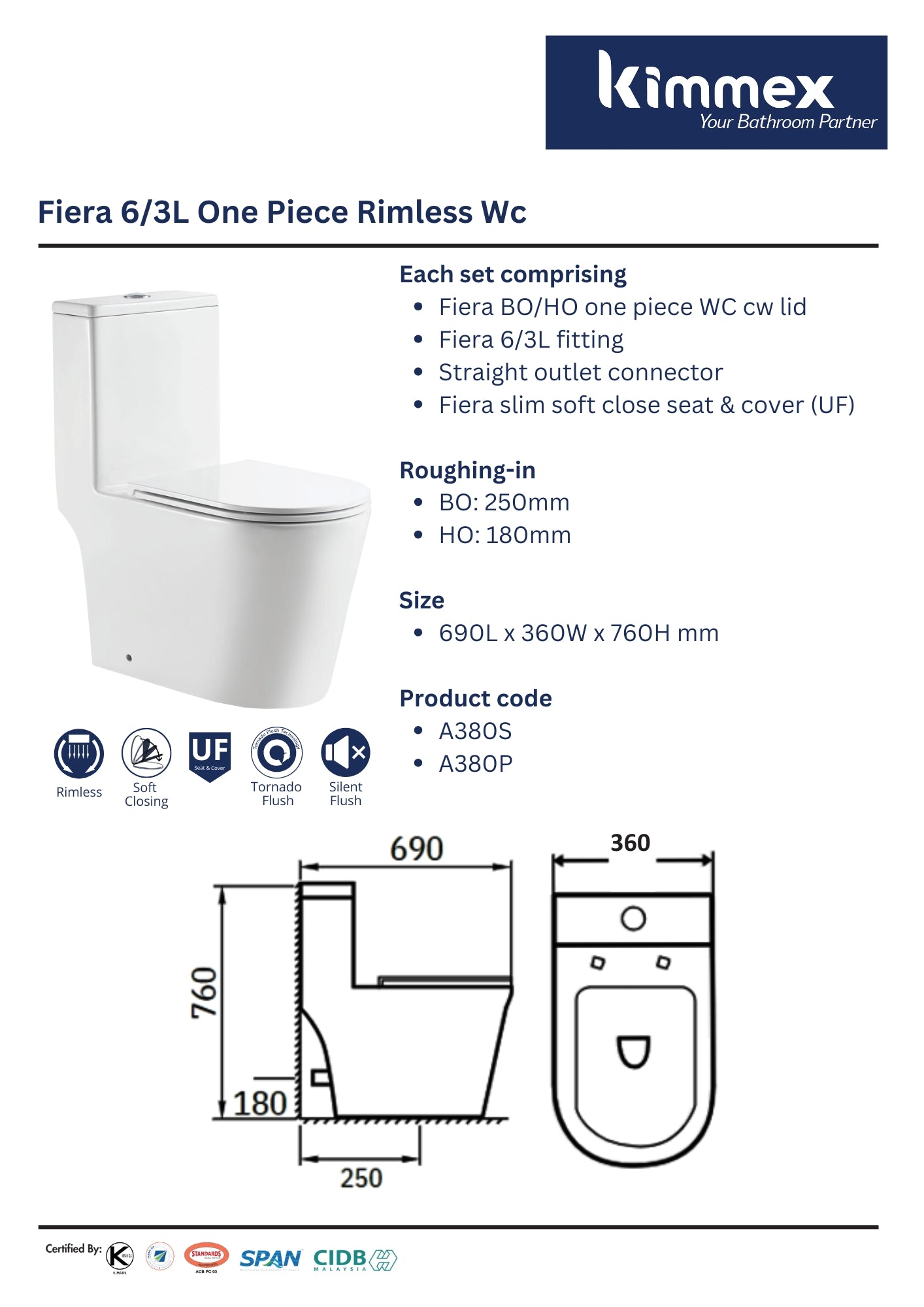 kimmex Fiera 6/3L Rimless One Piece Wc Set Cw UF Soft Close Seat & Cover