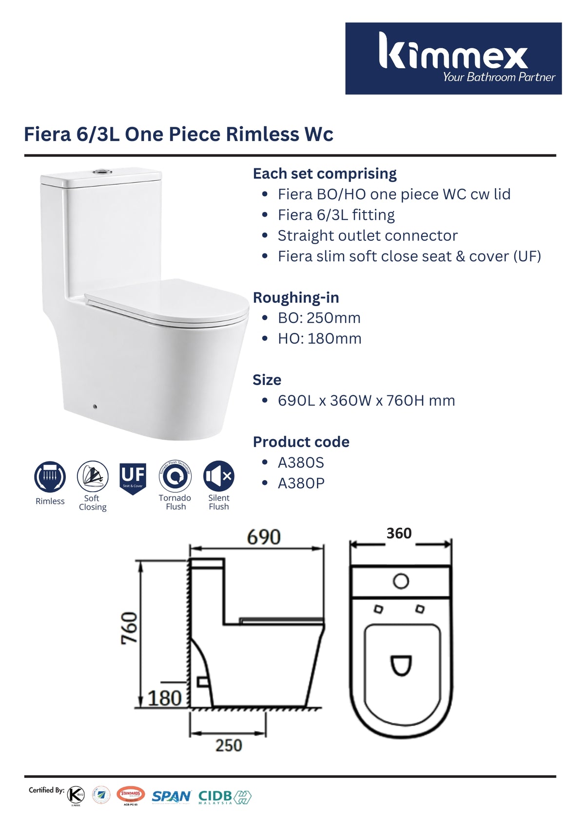 kimmex Fiera 6/3L Rimless One Piece Wc Set Cw UF Soft Close Seat & Cover