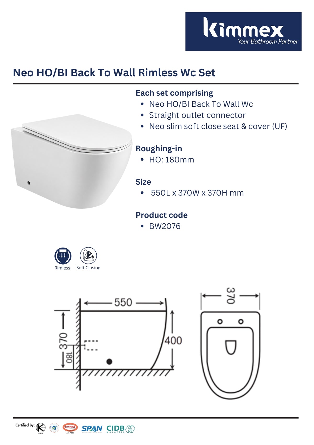 kimmex Neo HO/BI Back To Wall Rimless Wc Set