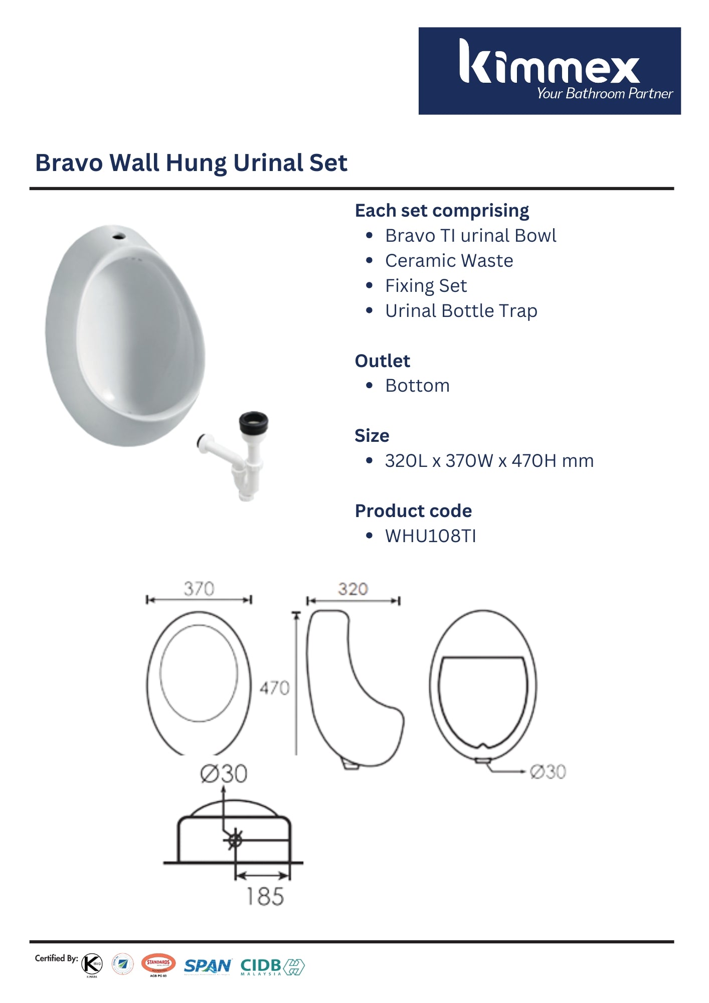 kimmex Bravo Wall Hung Urinal Set
