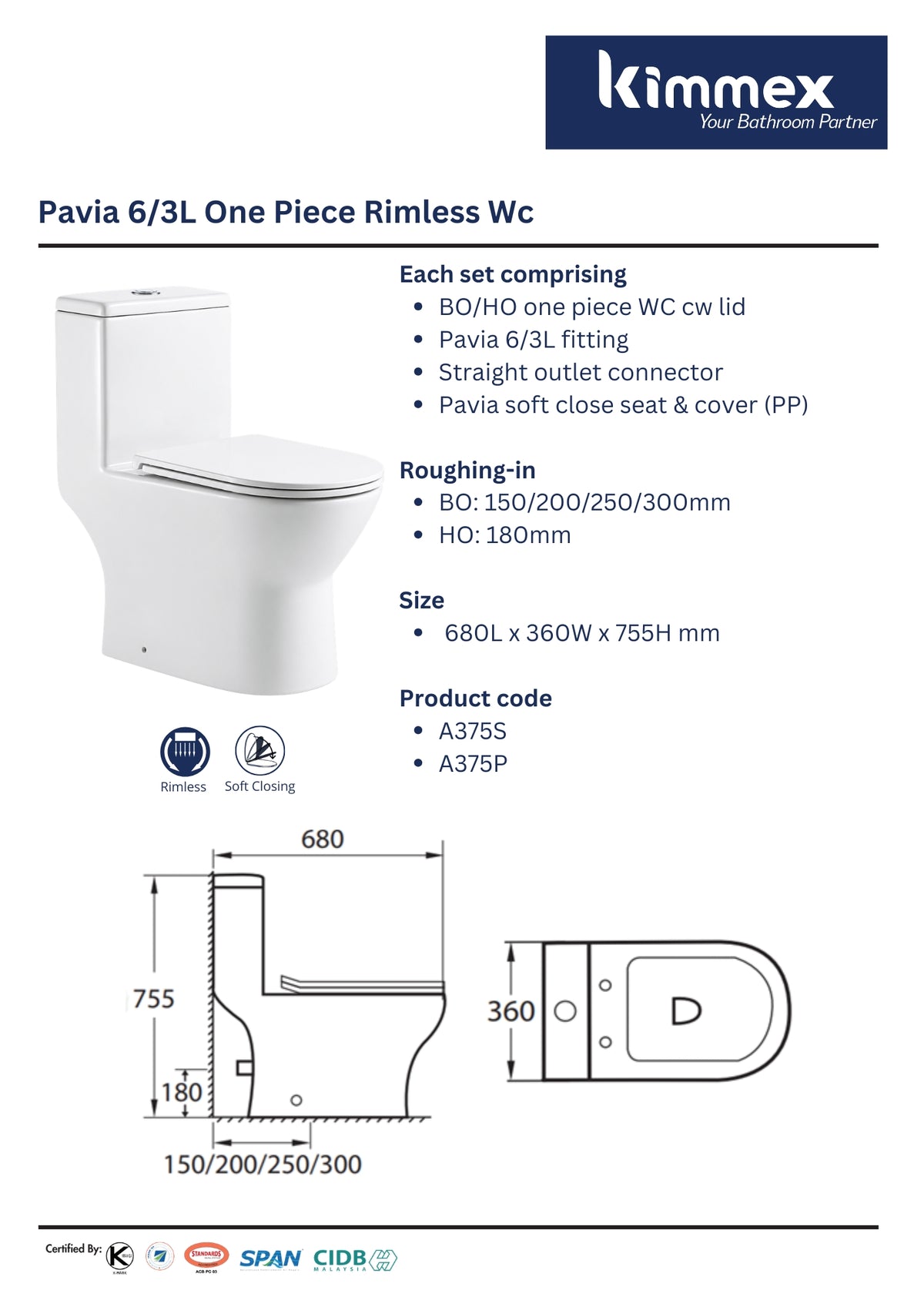 kimmex Pavia 6/3L Rimless One Piece Wc Set Cw PP Soft Close Seat & Cover