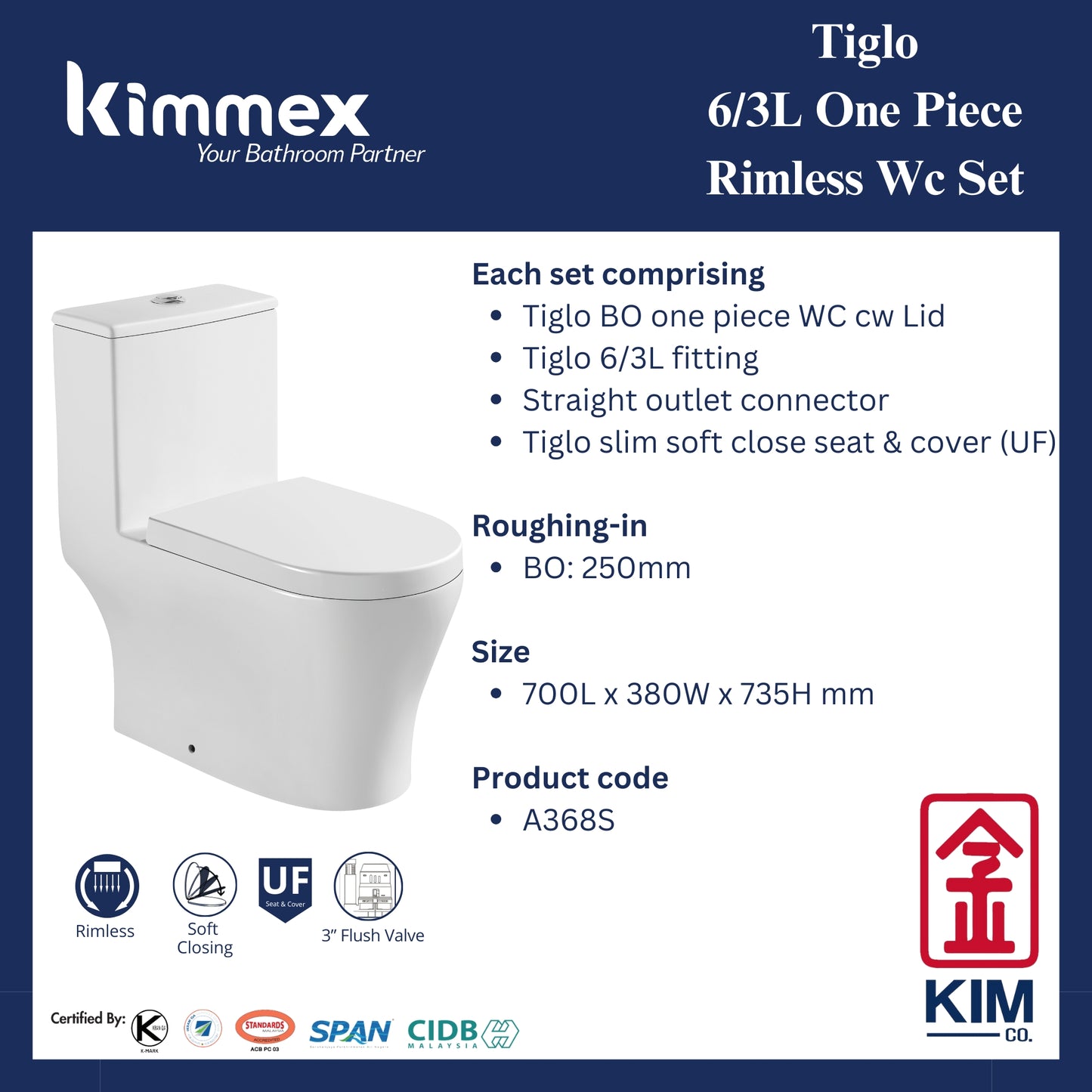 kimmex Tiglo 6/3L Rimless One Piece Wc Set Cw UF Soft Close Seat & Cover