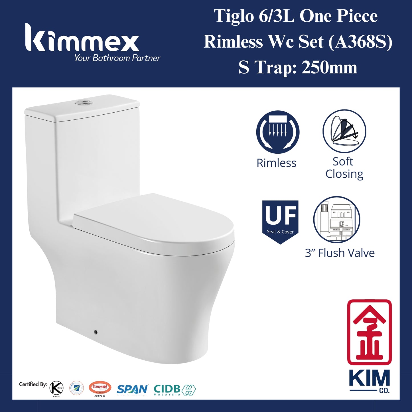 kimmex Tiglo 6/3L Rimless One Piece Wc Set Cw UF Soft Close Seat & Cover