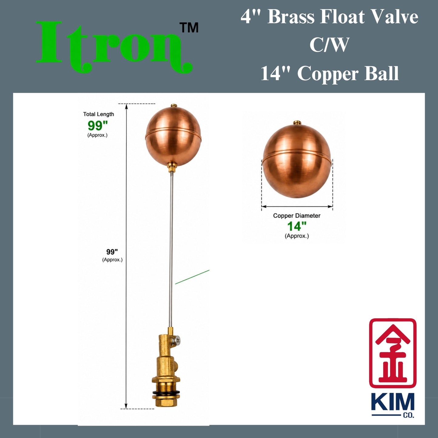 Itron 4" Brass Float Valve C/W 14" Copper Ball