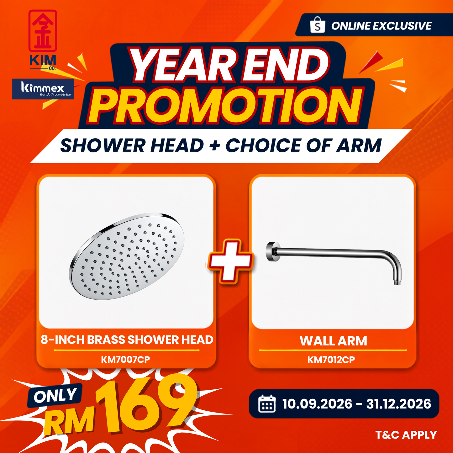 🔥𝐘𝐄𝐀𝐑 𝐄𝐍𝐃 𝐒𝐀𝐋𝐄𝐒🔥- kimmex SUS304 Shower Arm With Brass Shower Head Set (200mm / 250mm)