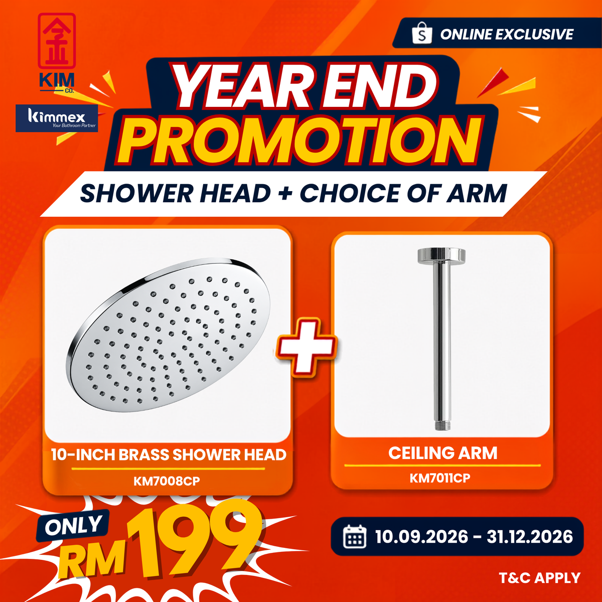 🔥𝐘𝐄𝐀𝐑 𝐄𝐍𝐃 𝐒𝐀𝐋𝐄𝐒🔥- kimmex SUS304 Ceiling Arm With Brass Shower Head Set (200mm / 250mm)
