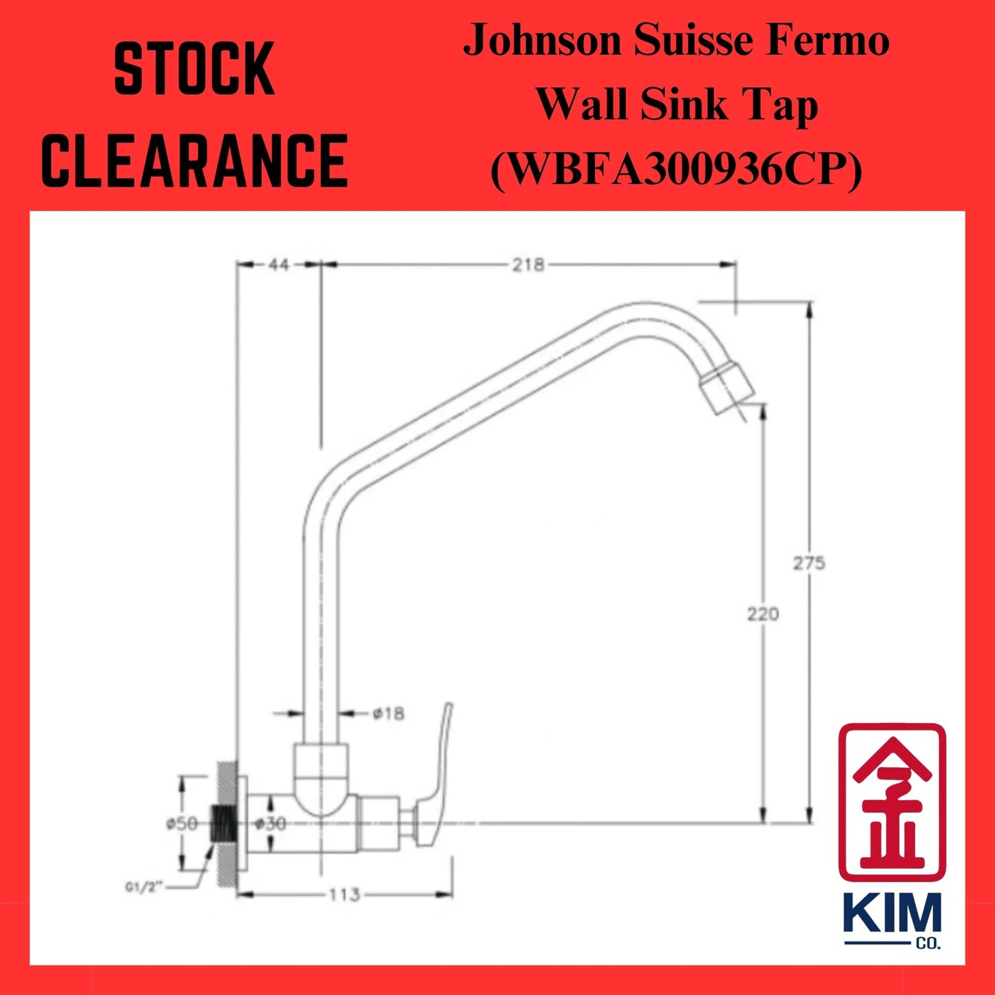 ( Stock Clearance ) Johnson Suisse Fermo Wall Mounted Kitchen Sink Tap (WBFA300936CP)