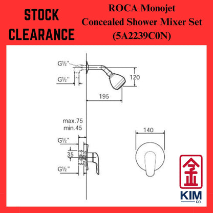 ( Stock Clearance ) Roca Monojet Concealed Shower Mixer With Shower Arm & Head Set (5A2239C0N)