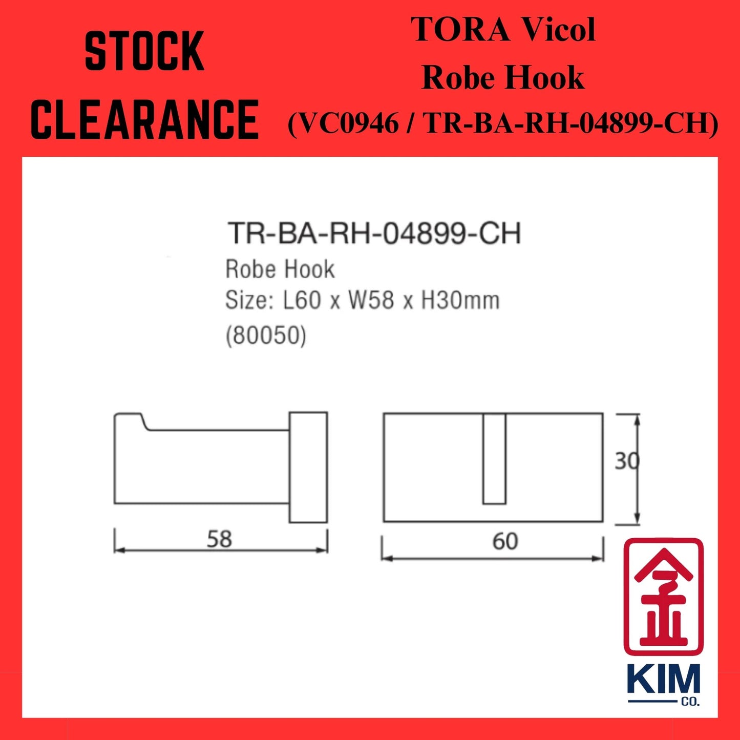 （ Stock Clearance ) Tora Vicol Brass Chrome Robe Hook (VC0946 / TR-BA-RH-04899-CH)