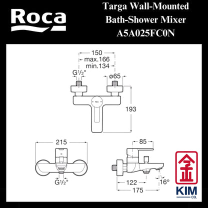 Roca Targa Wall-Mounted Bath-Shower Mixer (A5A025FC0N)