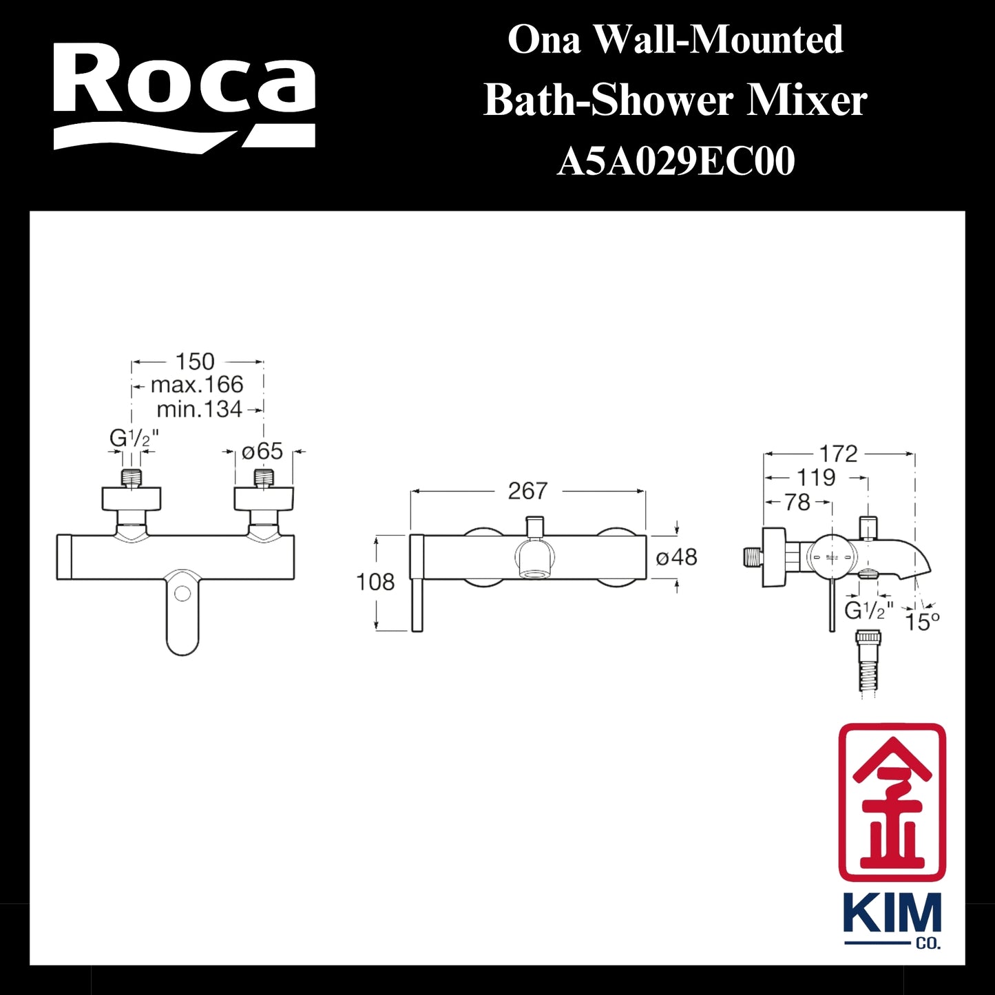 Roca Ona Wall-Mounted Bath-Shower Mixer (A5A029EC00)