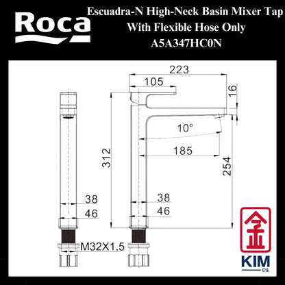 Roca Escuadra-N High Neck Basin Mixer (A5A347HC0N)