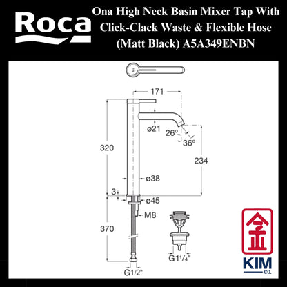 Roca Ona High Neck Basin Mixer (Matt Black) (A5A349ENBN)
