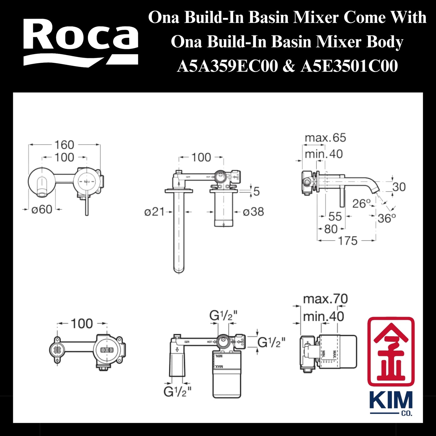 Roca Ona Build-In Basin Mixer (A5A359EC00 & A5E3501C00)