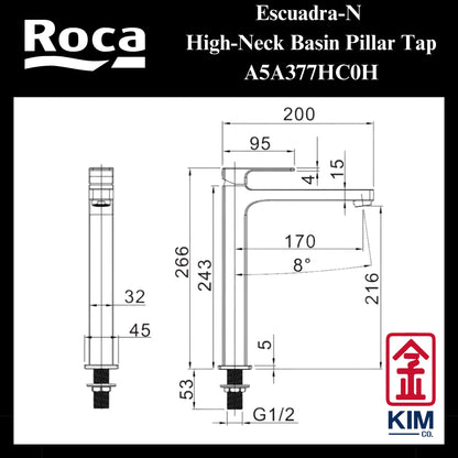 Roca Escuadra-N High Neck Basin Pillar Tap (A5A377HC0H)