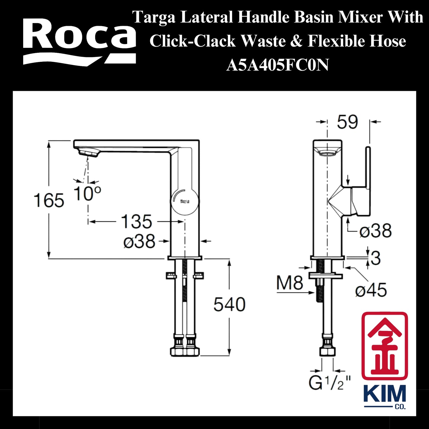 Roca Targa Lateral Handle Basin Mixer (A5A405FC0N)