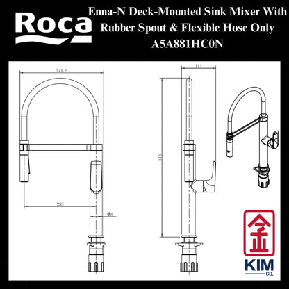 Roca Enna-N Deck- Mounted Pull Down Kitchen Sink Mixer Tap With Rubber Spout (2 Functions) (A5A881HC0N)