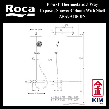 Roca Flow-T Thermostatic 3 Way Exposed Shower Column With Shelf (A5A9A10CON)