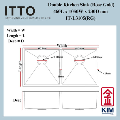 Itto Nano-Coated Double Bowl Kitchen Sink (RoseGold)