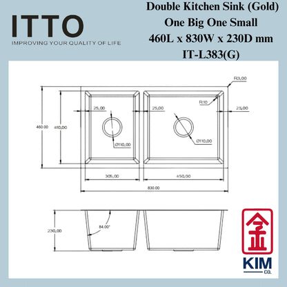 Itto Nano-Coated Double Bowl Kitchen Sink (One Big One Small) (Gold)
