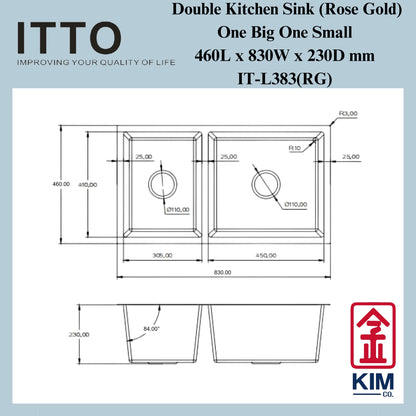 Itto Nano-Coated Double Bowl Kitchen Sink (One Big One Small) (Rose Gold)
