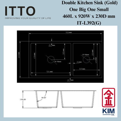 Itto Nano-Coated Double Bowl Kitchen Sink (One Big One Small) (Gold)