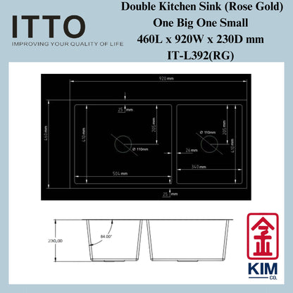 Itto Nano-Coated Double Bowl Kitchen Sink (One Big One Small) (Rose Gold)