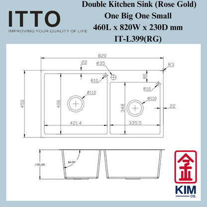 Itto Nano-Coated Double Bowl Kitchen Sink (One Big One Small) (Rose Gold)