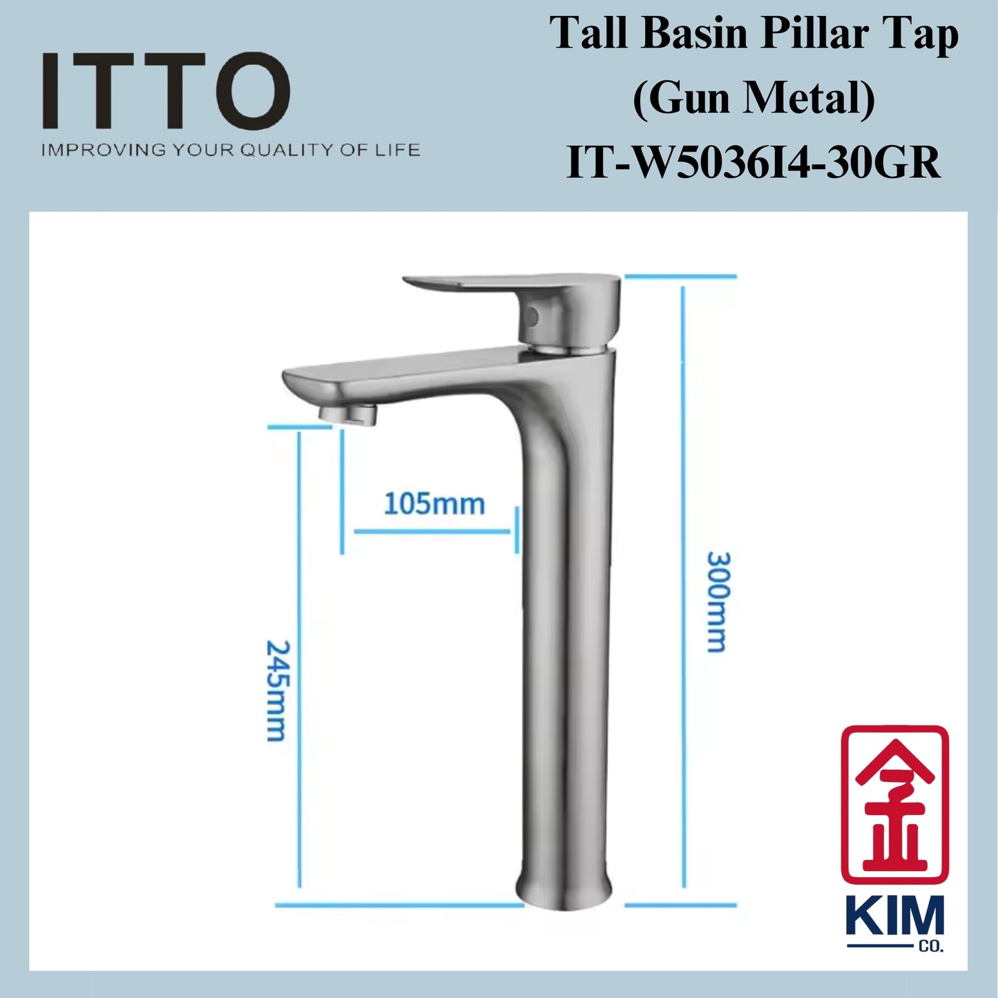 Itto Stainless Steel Tall Basin Pillar Tap (Gun Metal) ( IT-W5036I4-30GR)