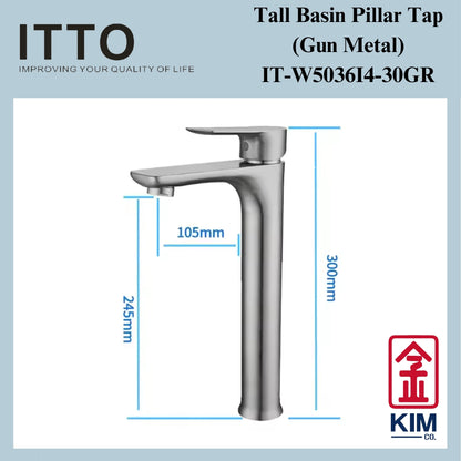 Itto Stainless Steel Tall Basin Pillar Tap (Gun Metal) ( IT-W5036I4-30GR)