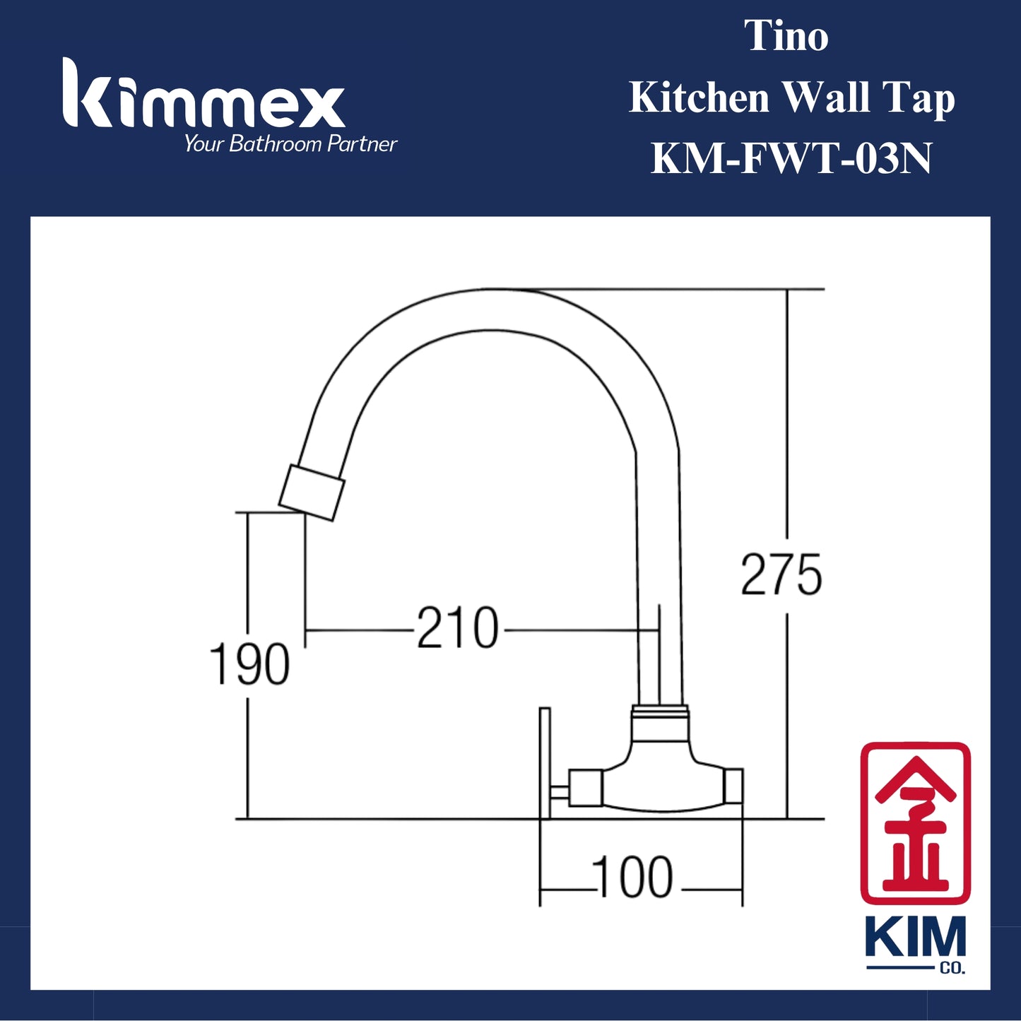 kimmex Tino Brass Chrome Wall Mounted Kitchen Sink Tap (KM-FWT-03N)