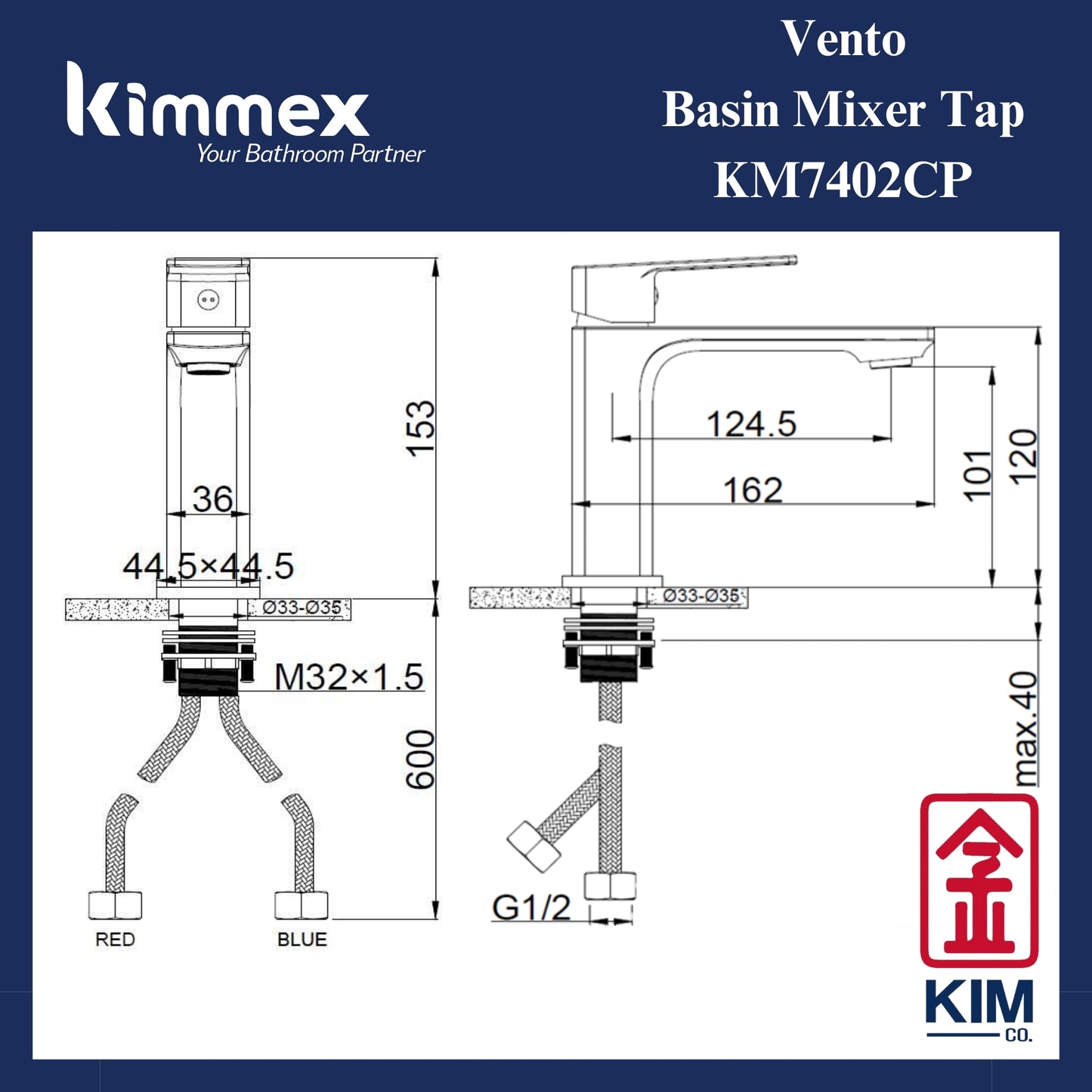 kimmex Vento Basin Mixer Without Pop Up Waste (KM7402CP)
