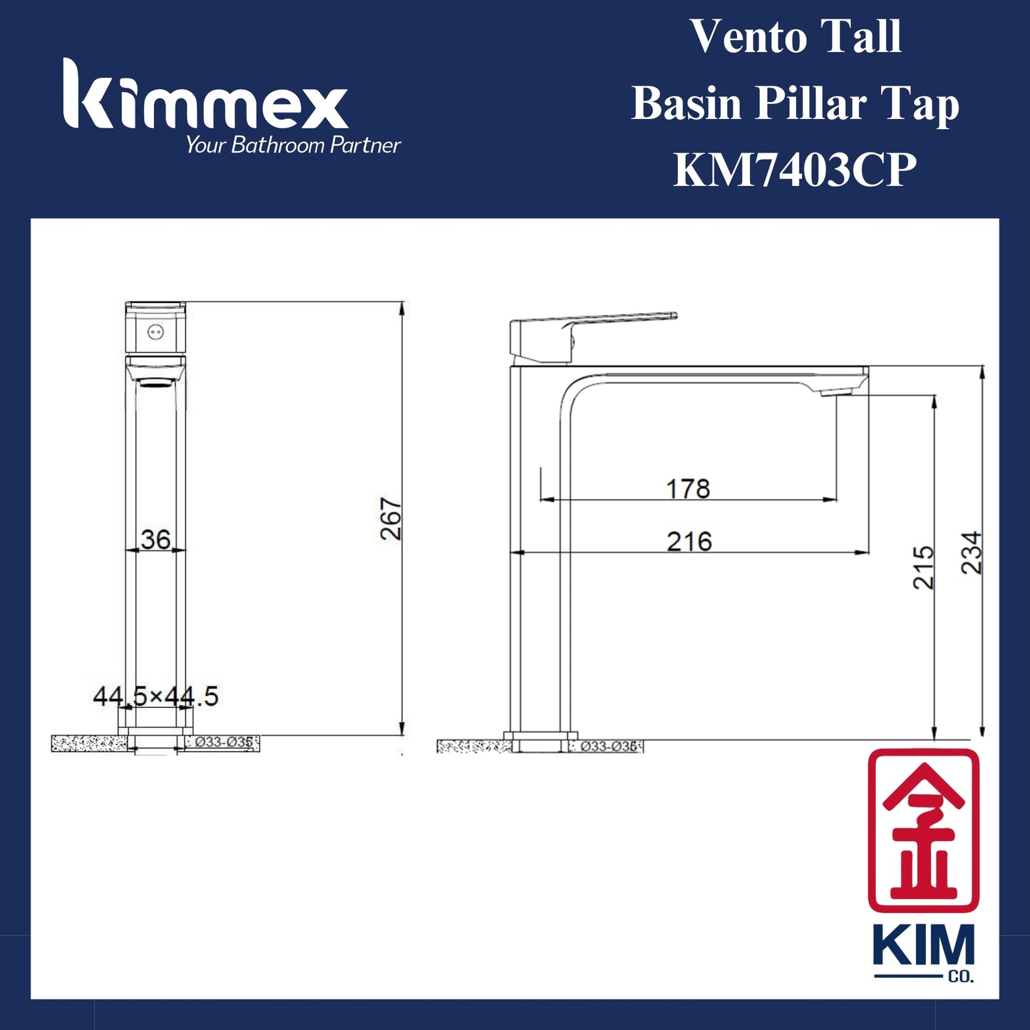 kimmex Vento Tall Basin Pillar Tap (KM7403CP)