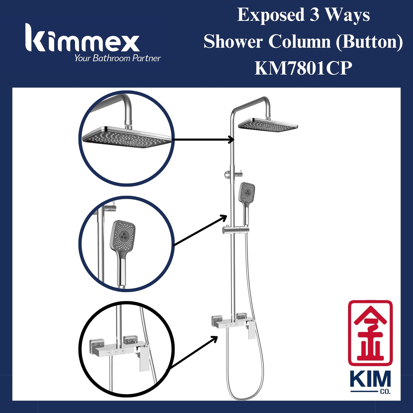 kimmex 3 Ways Shower Column Set (Button) (KM7801CP)