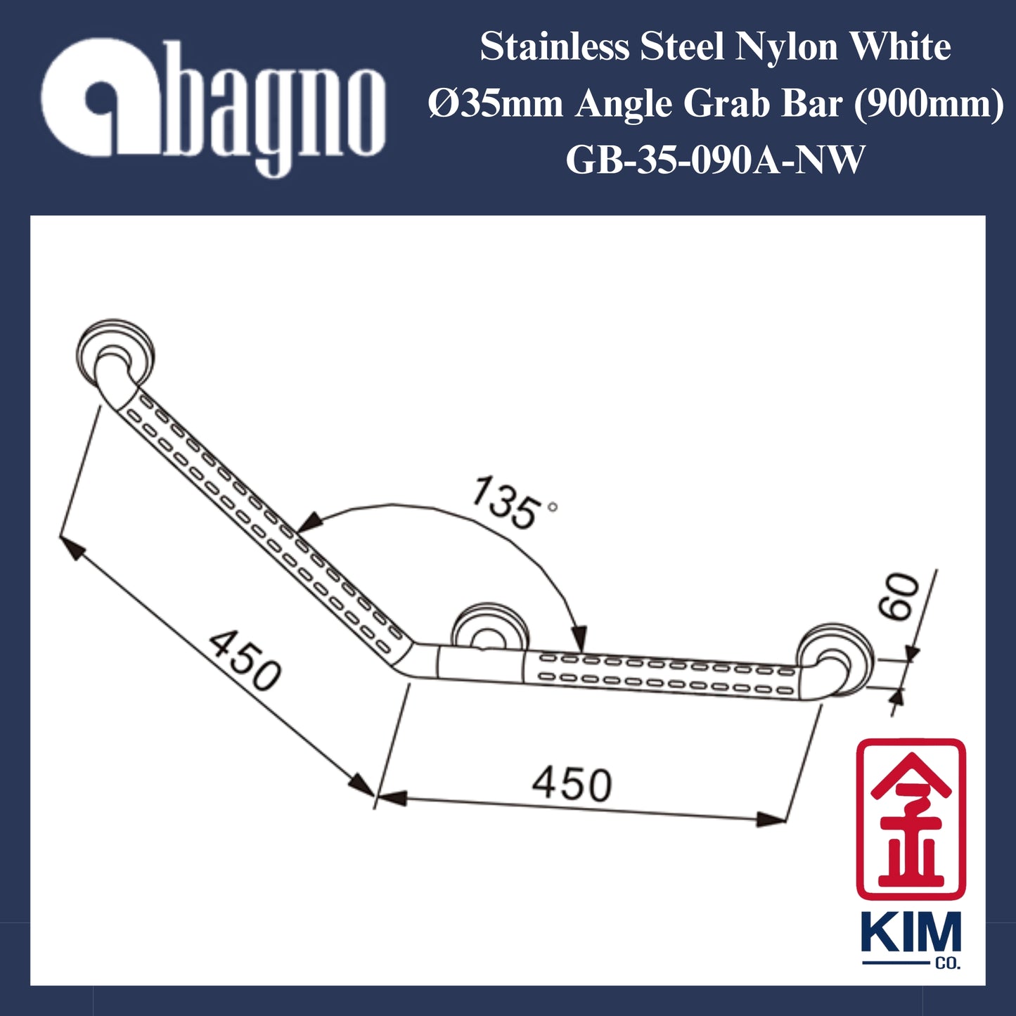 Abagno Nylon White Angle Grab Bar (900mm) (GB-35-090A-NW)