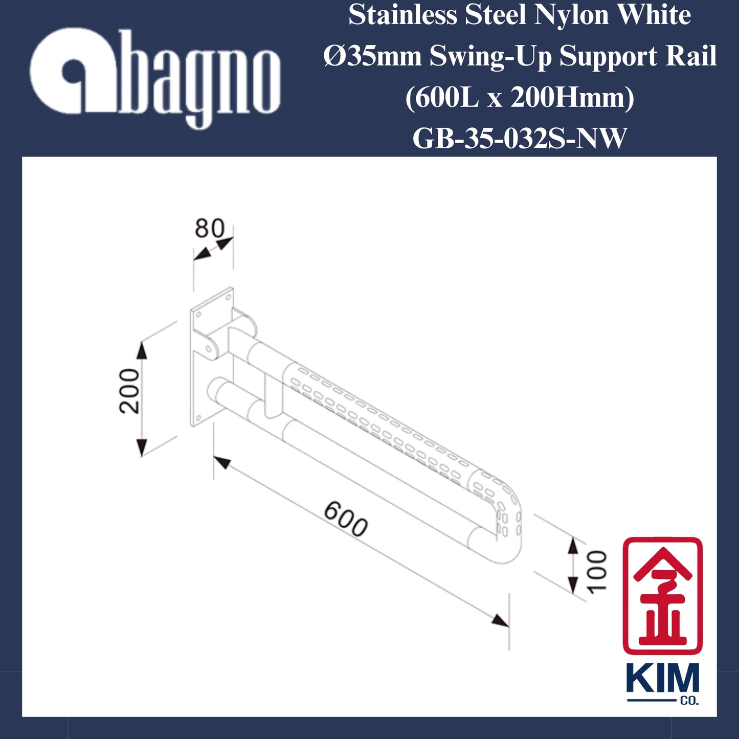Abagno Nylon White Swing-Up Support Rail (600mm) (GB-35-020-NW)