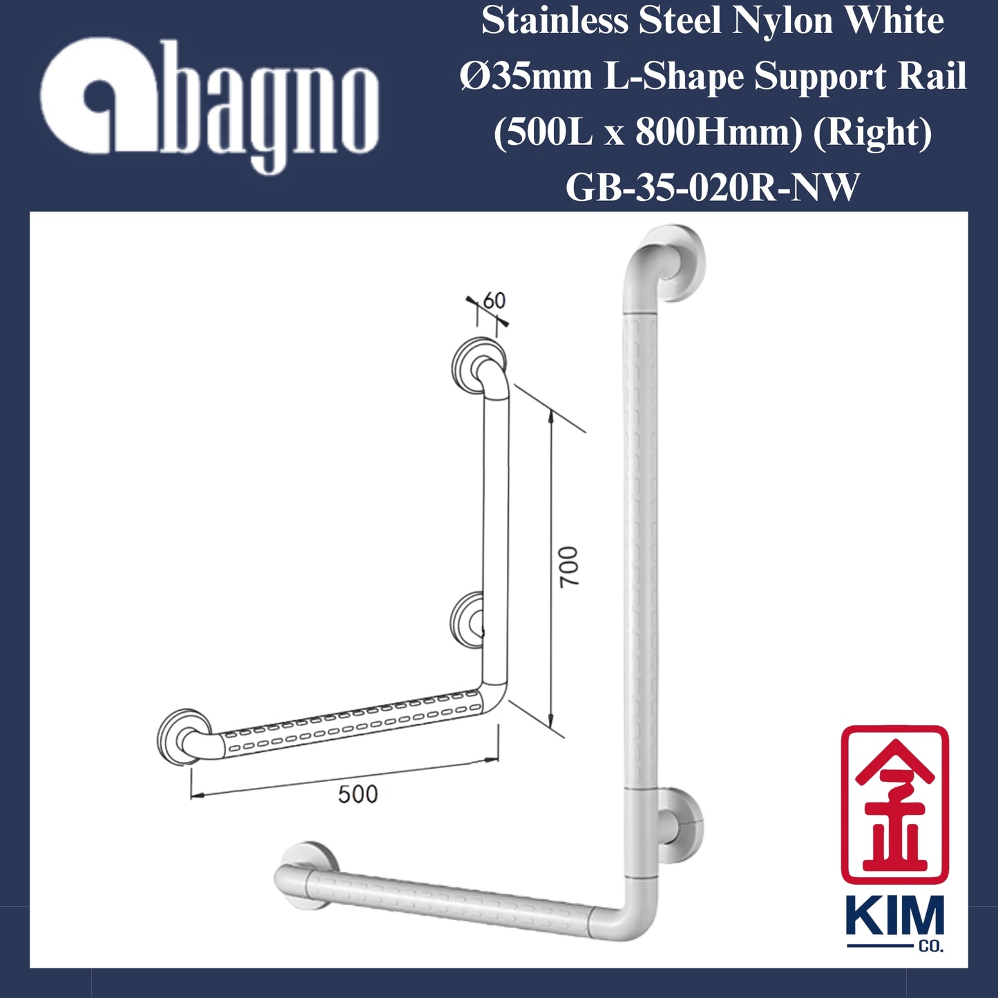 Abagno Nylon White L-Shape Support Rail (500mm x 700mm) (GB-35-020-NW)