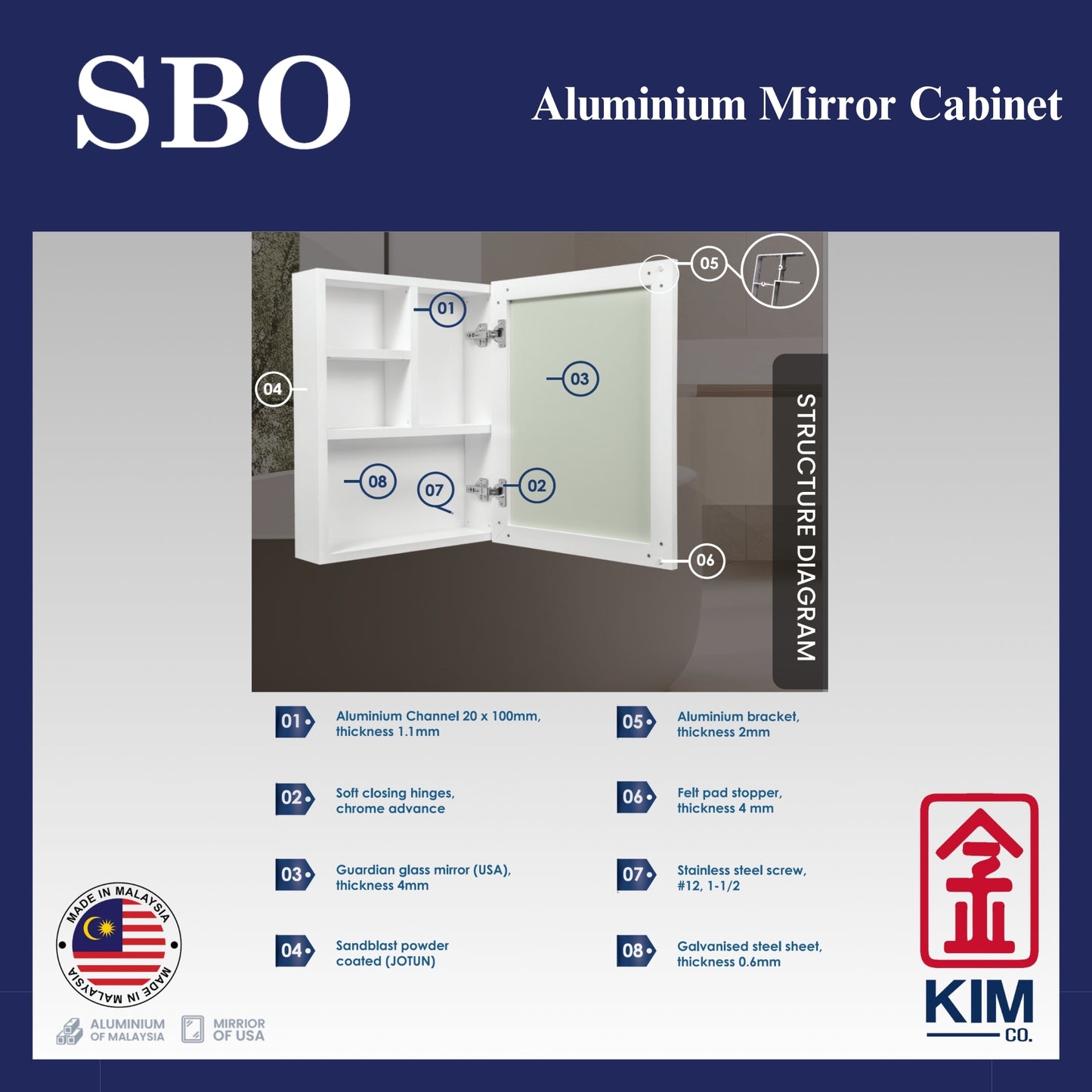 SBO Aluminium Mirror Cabinet (800mm x 600mm)