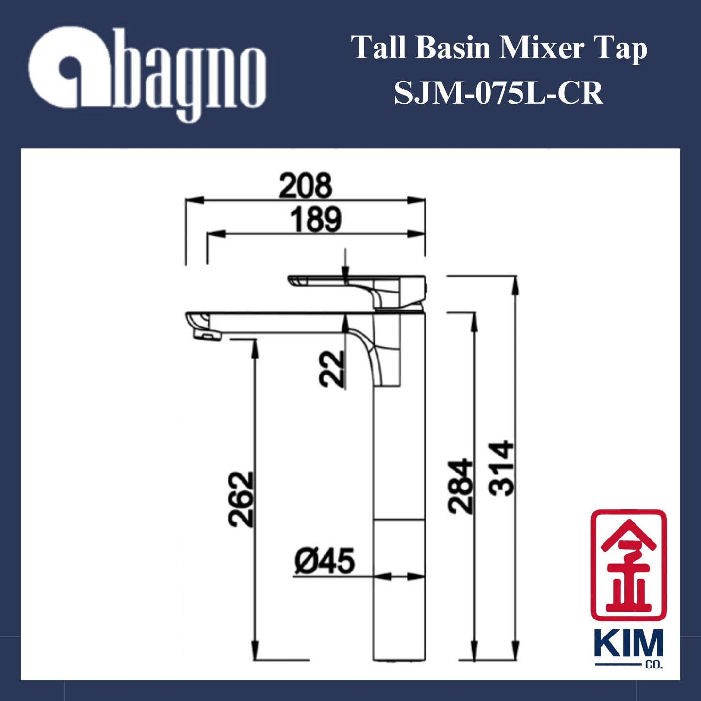 Abagno Tall Basin Mixer Without Pop Up Waste (SJM-075L-CR)