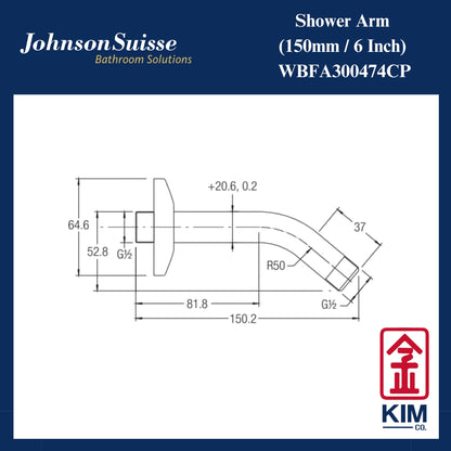 Johnson Suisse Brass Shower Arm (150mm) (WBFA300474CP)