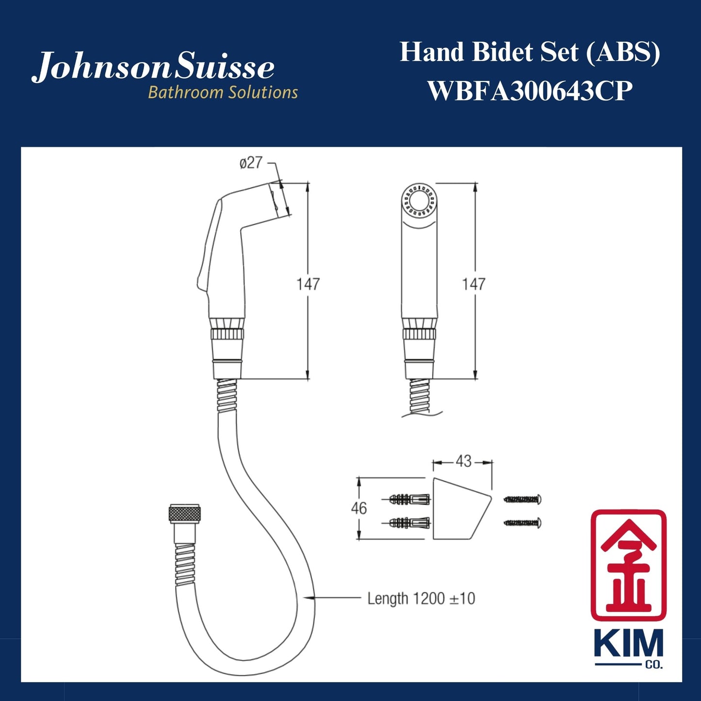 Johnson Suisse Hand Bidet Spray Cw 1.2m Bidet Hose & Wall Bracket (WBFA300643CP)