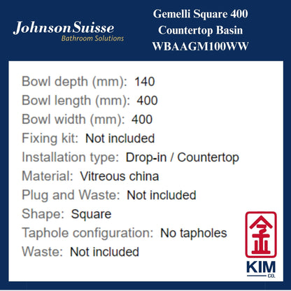 Johnson Suisse Gemelli Square 400 Countertop Basin (WBAAGM100WW)