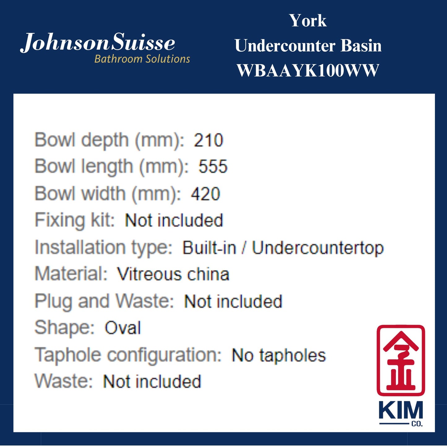 Johnson Suisse York Undercounter Basin (WBAAYK100WW)