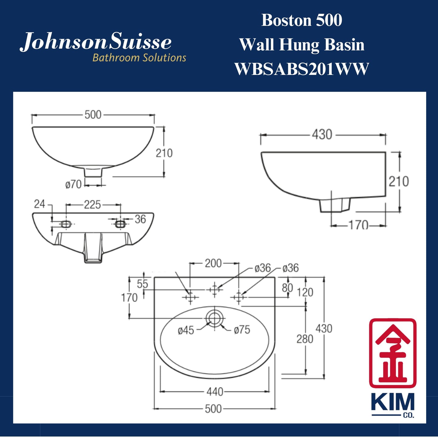 Johnson Suisse Boston 500 Wall Hung Basin (WBSABS201WW)